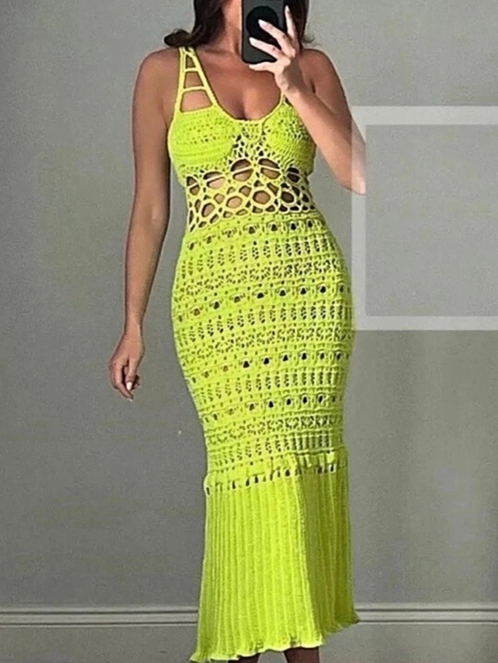 Zara Neon Lime Crochet Midi Dress